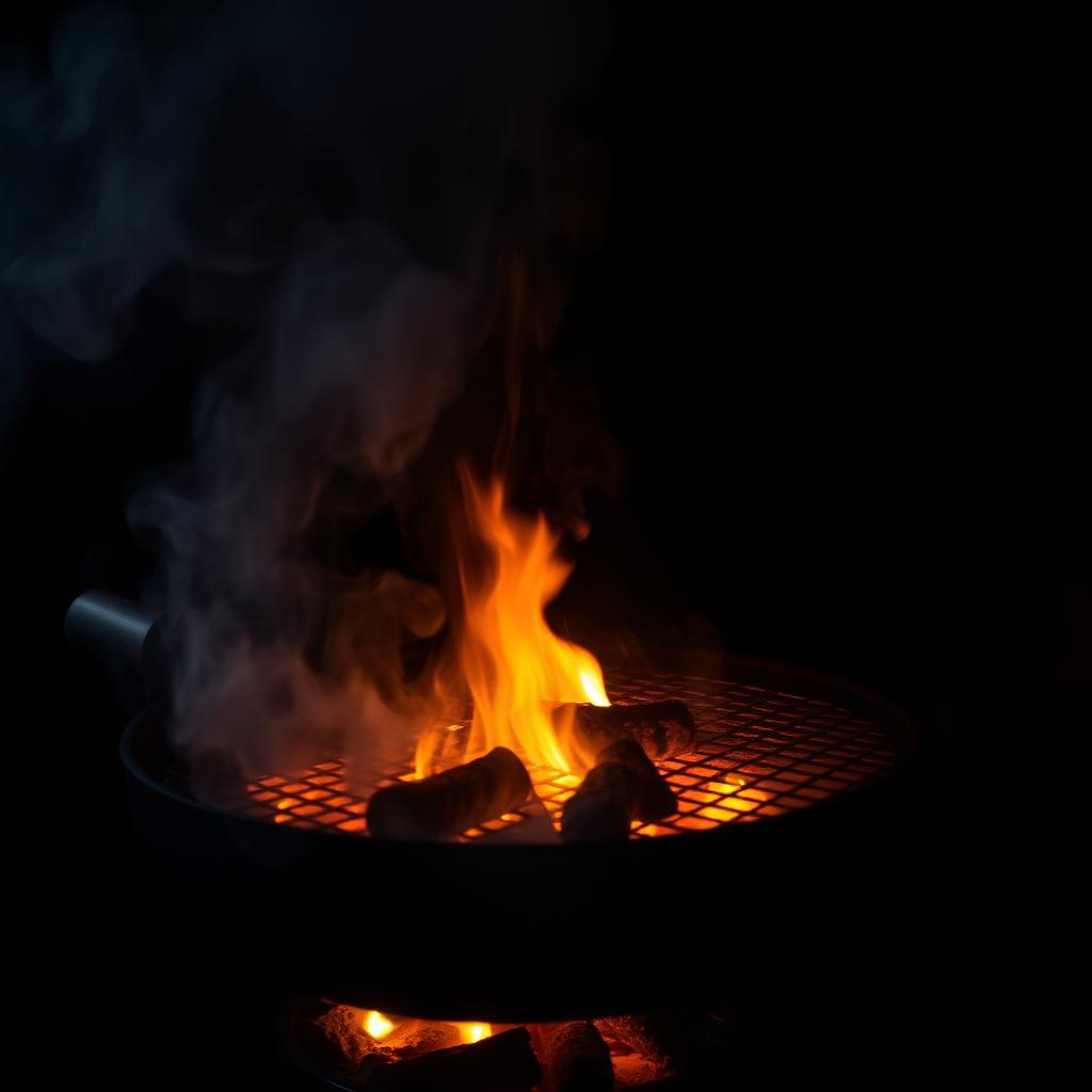 Glowing flames and smoke from the grill